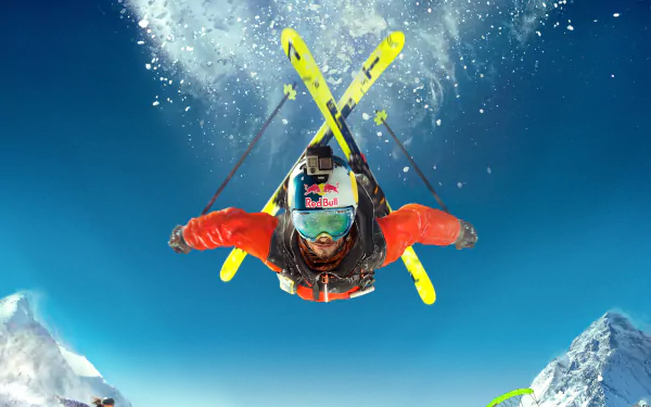 4K Ultra HD Steep video game wallpaper featuring a skier mid-air against a bright blue sky and snowy mountain peaks in the background.
