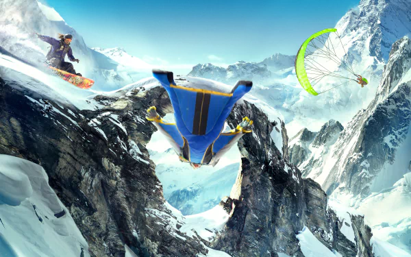 Steep video game 4K Ultra HD PC wallpaper: wingsuit flyer between snowy alpine cliffs, snowboarder and paraglider racing the wind — high-altitude skydiving over jagged peaks.