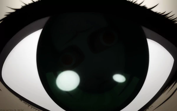 Close-up anime eye with a faint, eerie face reflected in the pupil, featured in an HD PC desktop wallpaper from the series Another.