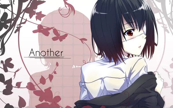 An HD desktop wallpaper featuring Mei Misaki from the anime Another, showcasing her distinctive look against a backdrop of butterflies and a mysterious atmosphere.