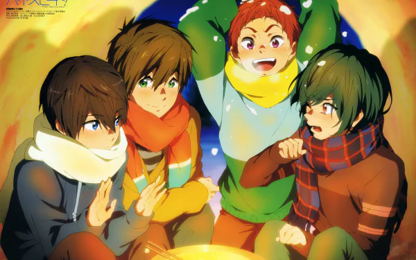 Anime characters from Free! gathered around a warm fire, wearing winter scarves, depicted in vibrant colors as a 4K Ultra HD PC desktop wallpaper and background.