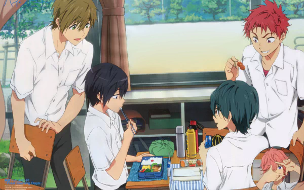 4K Ultra HD anime wallpaper from Free! showing four schoolboys in white shirts gathered around a table with lunchboxes and drinks in a bright classroom setting.