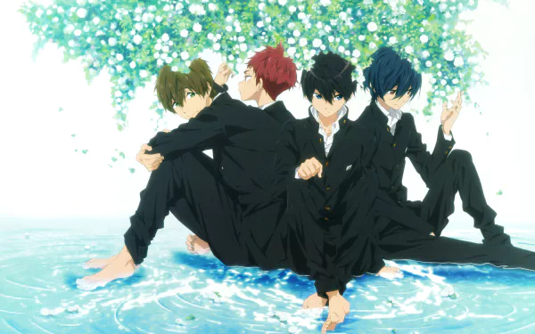 Anime scene from Free! featuring four boys in black suits sitting by water under blooming flowers, rendered as a 4K Ultra HD PC Desktop Wallpaper and Background.