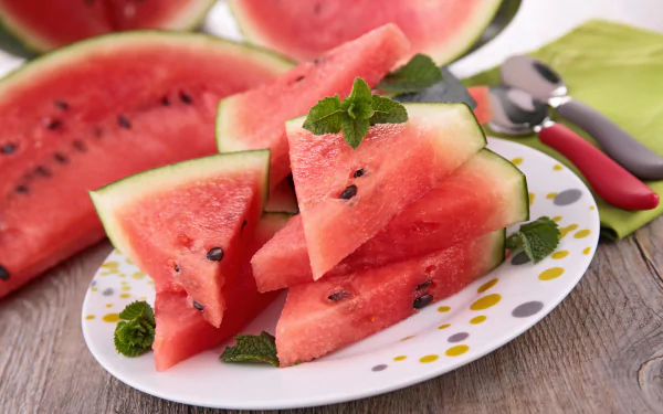 A vibrant display of fresh watermelon slices garnished with mint on a decorative plate, set against a backdrop of more watermelon, creating a colorful and appetizing scene.