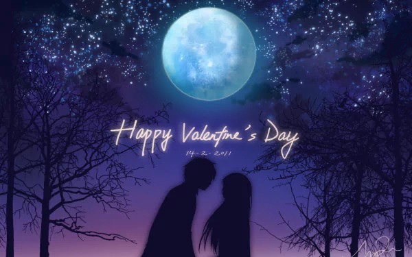 HD anime desktop wallpaper featuring Shota Kazehaya and Sawako Kuronuma from Kimi Ni Todoke under a glowing full moon with Happy Valentine’s Day text.