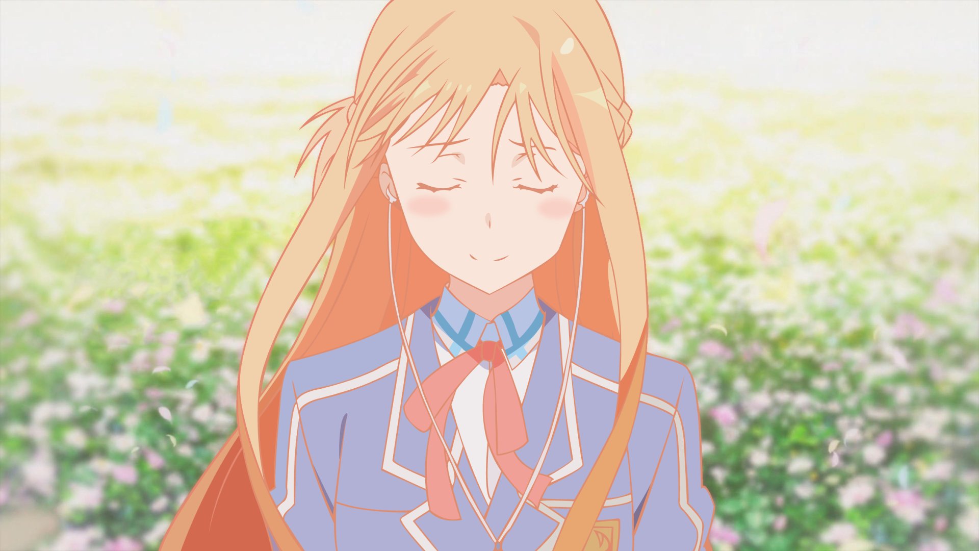 Asuna Yuuki from Sword Art Online stands serenely with closed eyes against a vibrant floral background, capturing a moment of tranquility in this HD anime wallpaper.