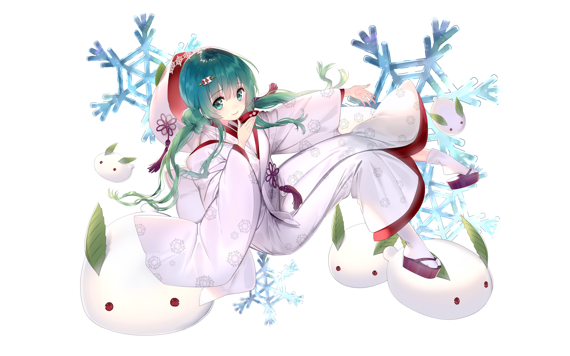 HD PC desktop wallpaper featuring Hatsune Miku in a white kimono surrounded by snowflakes and cute white creatures, showcasing anime and Vocaloid themes.