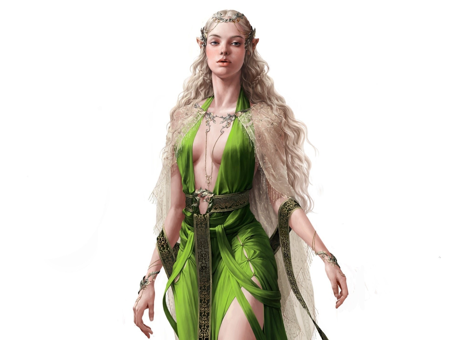 Fantasy elf with pointed ears and long white hair, dressed in an intricate green outfit, featured in an HD PC desktop wallpaper and background.