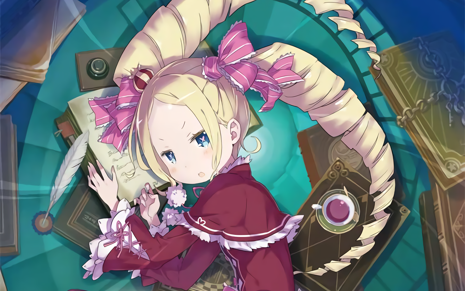 HD PC desktop wallpaper featuring Beatrice from the anime Re:Zero - Starting Life in Another World, showcasing her distinctive twin drills hairstyle and Victorian-inspired outfit.