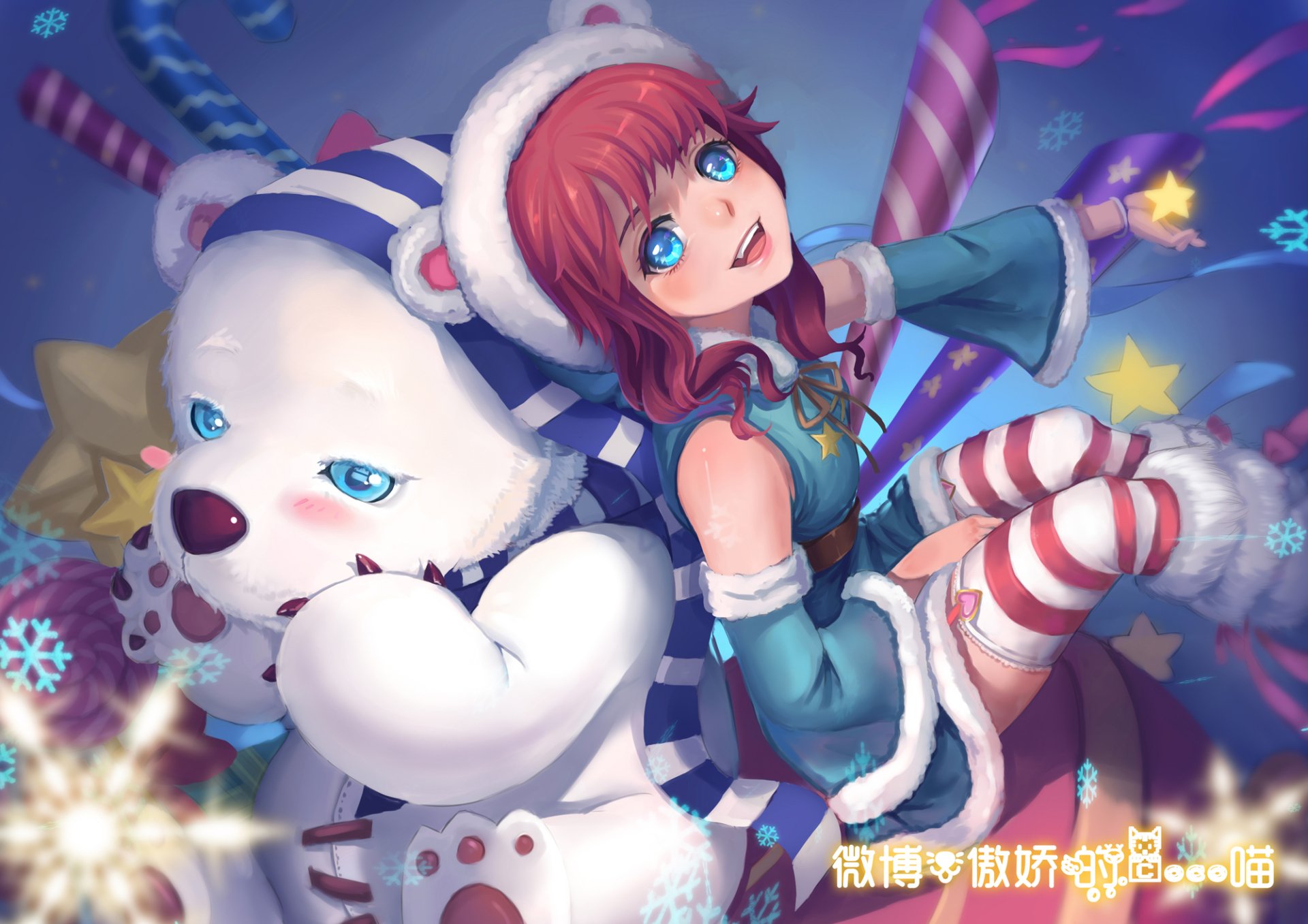 Annie from League of Legends, with red hair and blue eyes, cuddles her bear Tibbers in a festive scene, surrounded by candy canes and colorful stars. HD wallpaper background.