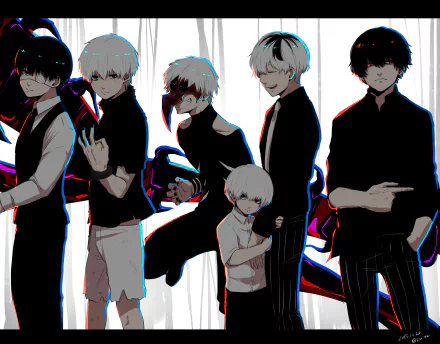 HD wallpaper featuring Ken Kaneki from *Tokyo Ghoul*, showcasing his various forms alongside a younger version of himself in a dynamic, stylized design.
