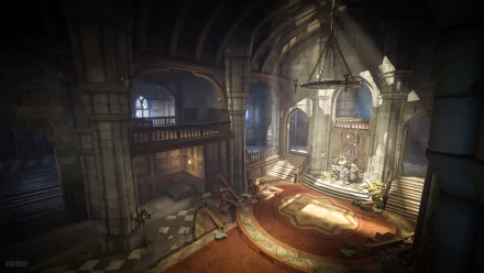 HD PC desktop wallpaper featuring an atmospheric Overwatch video game scene inside a grand, dimly lit cathedral with intricate architectural details.