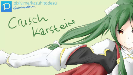 HD PC desktop wallpaper featuring Crusch Karsten from the anime Re:Zero - Starting Life in Another World, with her name written in green text on a light background.
