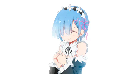 HD wallpaper featuring the anime character Rem from Re:Zero - Starting Life in Another World. Rem is depicted with short blue hair, dressed in a maid outfit, and smiling with closed eyes.