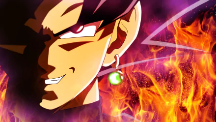 HD desktop wallpaper featuring Black Goku from Dragon Ball Super, with a sinister smile and fiery background. The image captures the anime character's intense and powerful aura.