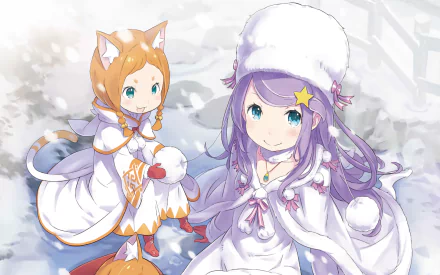 Anastasia Hoshin from anime Re:Zero - Starting Life in Another World smiles in a snowy scene, featuring whimsical outfits and a charming winter atmosphere. HD desktop wallpaper.