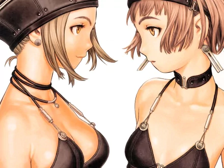 Anime-inspired HD wallpaper featuring two characters by Range Murata, showcasing their distinct styles and expressions against a minimalist background.