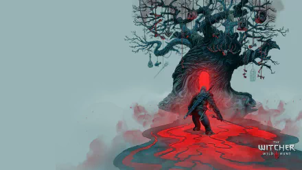 HD desktop wallpaper featuring Geralt of Rivia from the video game The Witcher 3: Wild Hunt. Geralt stands facing a haunting tree with a glowing red entrance, surrounded by a misty, eerie landscape.