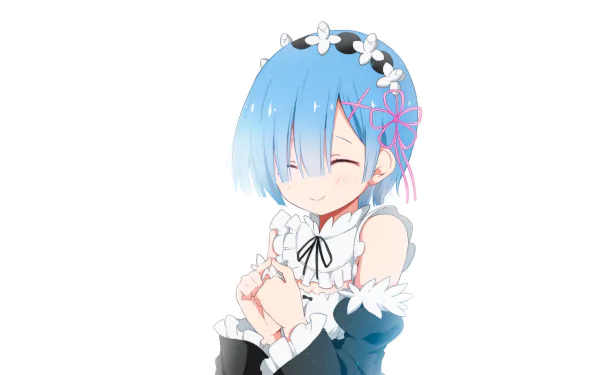 HD wallpaper featuring the anime character Rem from Re:Zero - Starting Life in Another World. Rem is depicted with short blue hair, dressed in a maid outfit, and smiling with closed eyes.