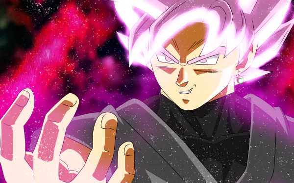 HD desktop wallpaper featuring Super Saiyan Rosé Black Goku from Dragon Ball Super, with an intense aura and a dramatic, cosmic background.