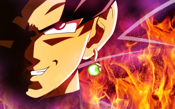 HD desktop wallpaper featuring Black Goku from Dragon Ball Super, with a sinister smile and fiery background. The image captures the anime character's intense and powerful aura.