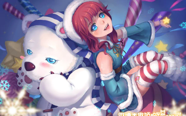Annie from League of Legends, with red hair and blue eyes, cuddles her bear Tibbers in a festive scene, surrounded by candy canes and colorful stars. HD wallpaper background.