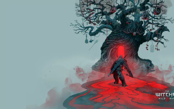 HD desktop wallpaper featuring Geralt of Rivia from the video game The Witcher 3: Wild Hunt. Geralt stands facing a haunting tree with a glowing red entrance, surrounded by a misty, eerie landscape.