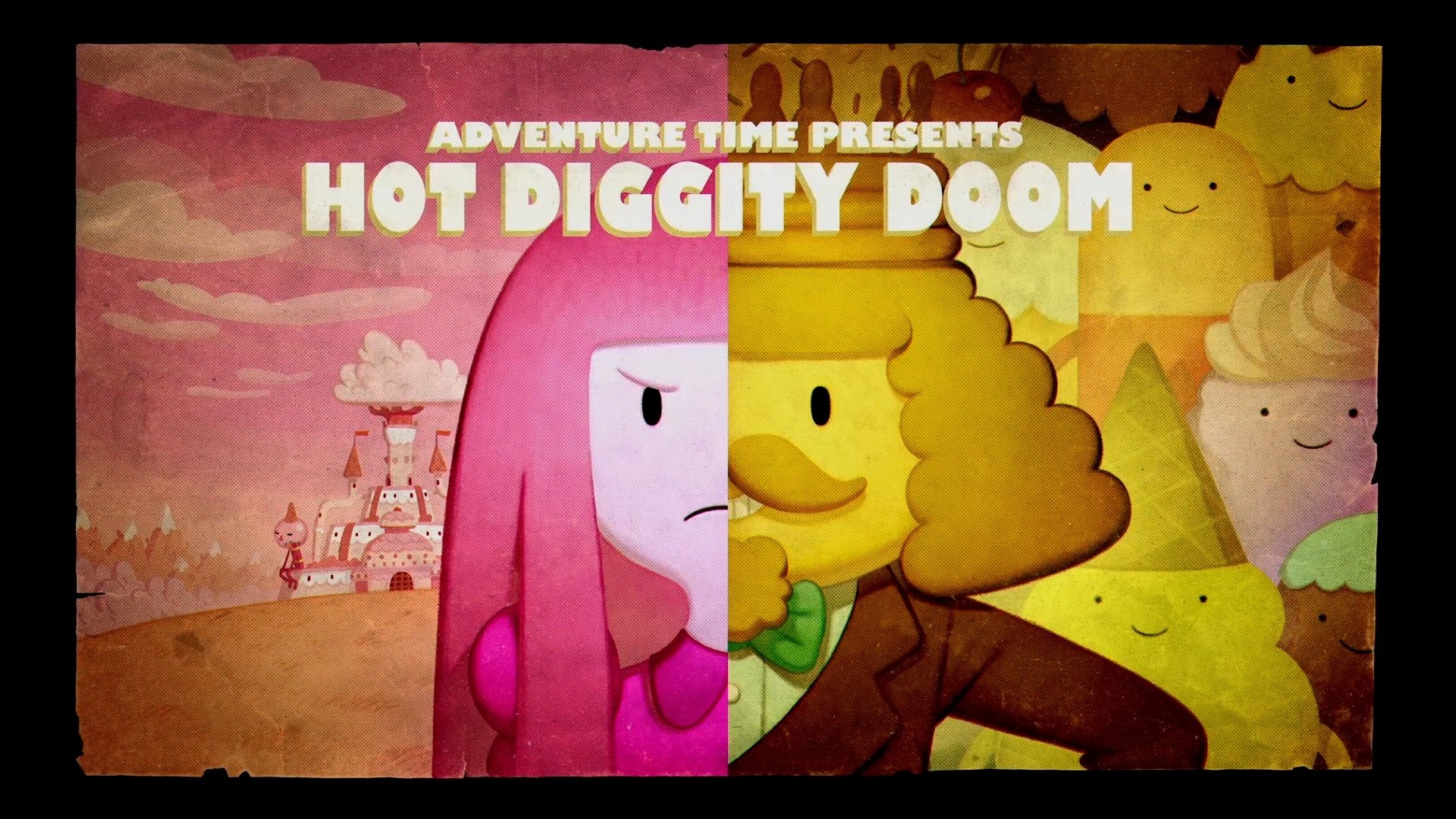 Adventure Time HD PC desktop wallpaper showing a split portrait of Princess Bubblegum and Hot Diggity Doom with the title Adventure Time Presents Hot Diggity Doom over a pastel background.