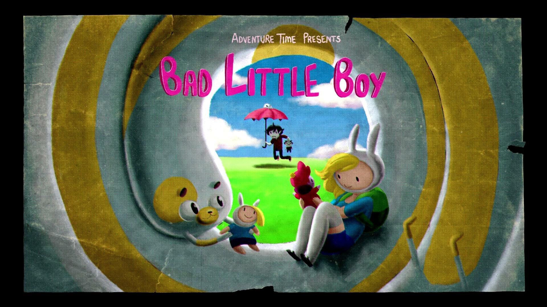 HD PC desktop wallpaper featuring Adventure Time characters from the TV show episode Bad Little Boy, showcasing Finn, Jake, and Marceline in a stylized, colorful scene.