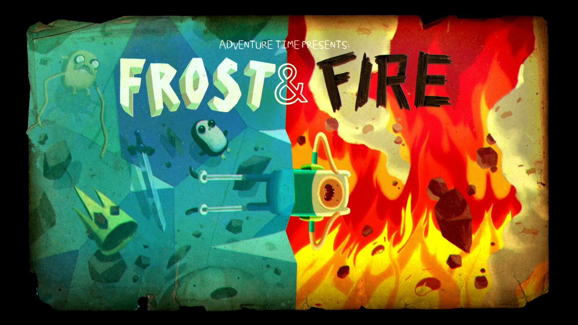 HD desktop wallpaper featuring an Adventure Time scene split between icy blue frost and fiery flames with characters from the TV show in contrasting environments.