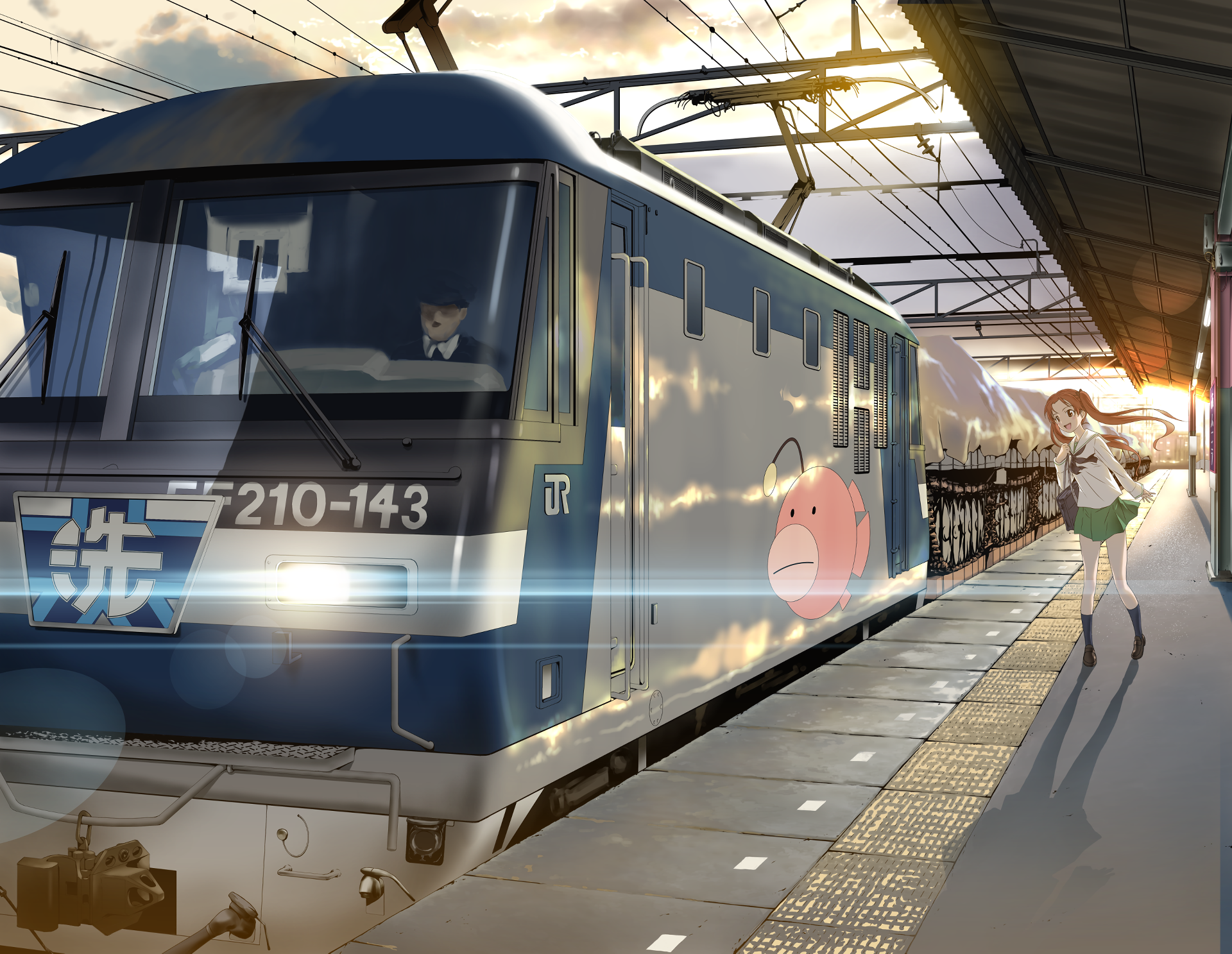 An HD PC desktop wallpaper featuring a scene from Girls und Panzer, showcasing a train at a station with a character walking beside it in vibrant, dynamic colors.
