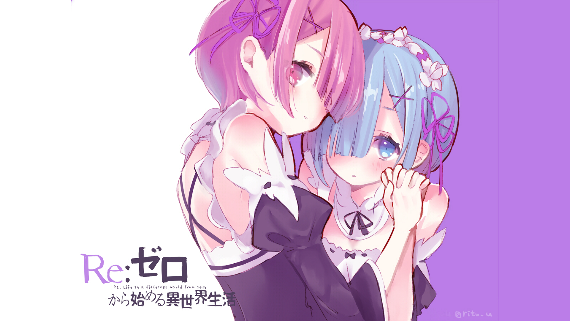 A vibrant HD wallpaper featuring Ram and Rem from Re:ZERO - Starting Life in Another World, showcasing their close bond against a soft purple background.