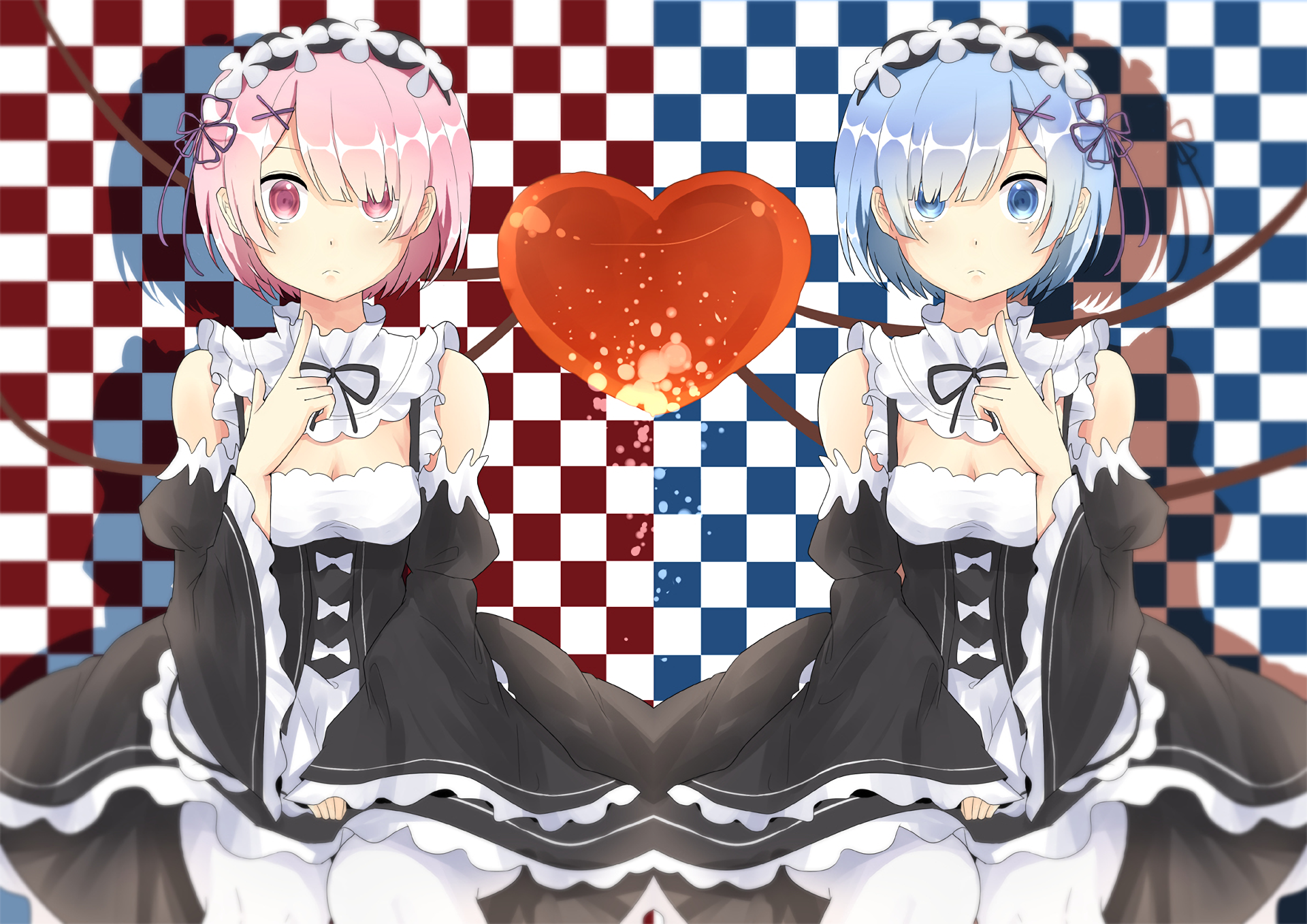 A vibrant HD wallpaper featuring Ram and Rem from Re:Zero - Starting Life in Another World, set against a stylish checkerboard background with a heart motif.