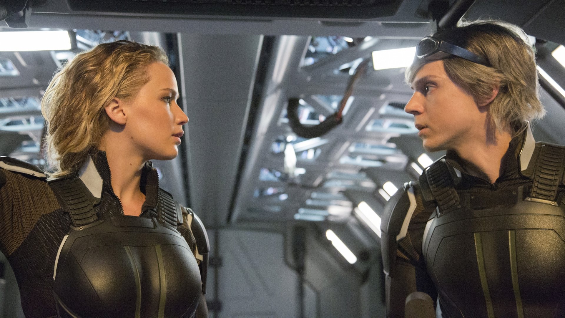 Jennifer Lawrence as Mystique and Evan Peters as Quicksilver in a scene from *X-Men: Apocalypse*, showcased in a striking 4K Ultra HD desktop wallpaper.