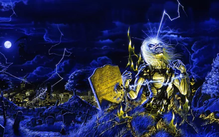 HD PC desktop wallpaper for music fans: Iron Maiden’s mascot Eddie emerging amid lightning in a blue graveyard, tombstones and a moonlit townscape.