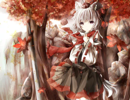 A beautiful HD wallpaper featuring Momiji Inubashiri from the anime Touhou, surrounded by autumn leaves and a serene landscape, capturing the essence of the character and the season.
