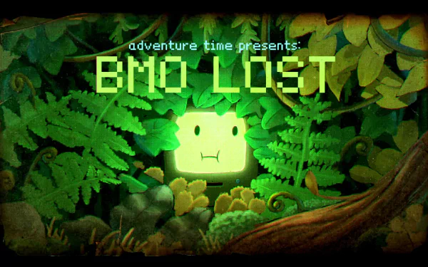 HD desktop wallpaper from the TV show Adventure Time featuring BMO's glowing face surrounded by lush green jungle foliage in the episode BMO Lost.