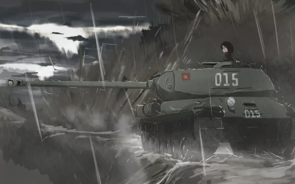 An HD wallpaper featuring a girl from the anime Girls und Panzer, driving a tank through a rain-soaked landscape, with dark clouds overhead, creating a dramatic mood.