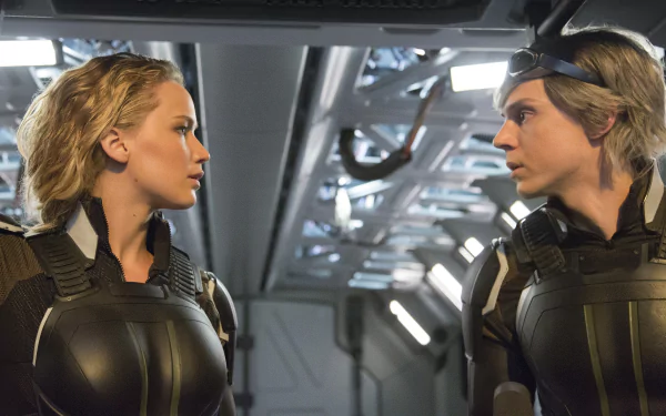 Jennifer Lawrence as Mystique and Evan Peters as Quicksilver in a scene from *X-Men: Apocalypse*, showcased in a striking 4K Ultra HD desktop wallpaper.