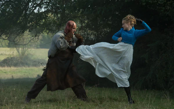 4K Ultra HD PC desktop wallpaper from the movie Pride and Prejudice and Zombies, featuring a dramatic outdoor fight scene between a woman in period clothing and a masked opponent.