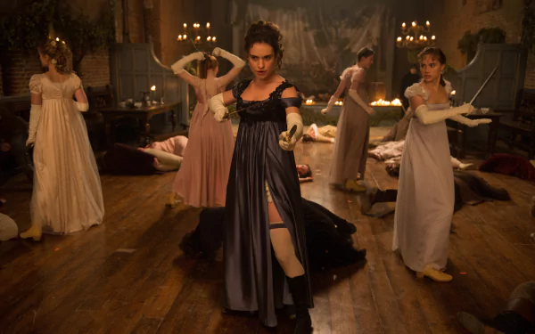 Scene from the movie Pride and Prejudice and Zombies, featuring five women in Regency-era attire in a dimly lit room, presented as a 4K Ultra HD PC desktop wallpaper.