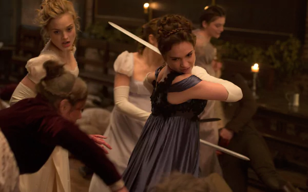 4K Ultra HD PC desktop wallpaper: a scene from the movie Pride and Prejudice and Zombies — Regency-era women in gowns battling zombies with swords in a candlelit room.