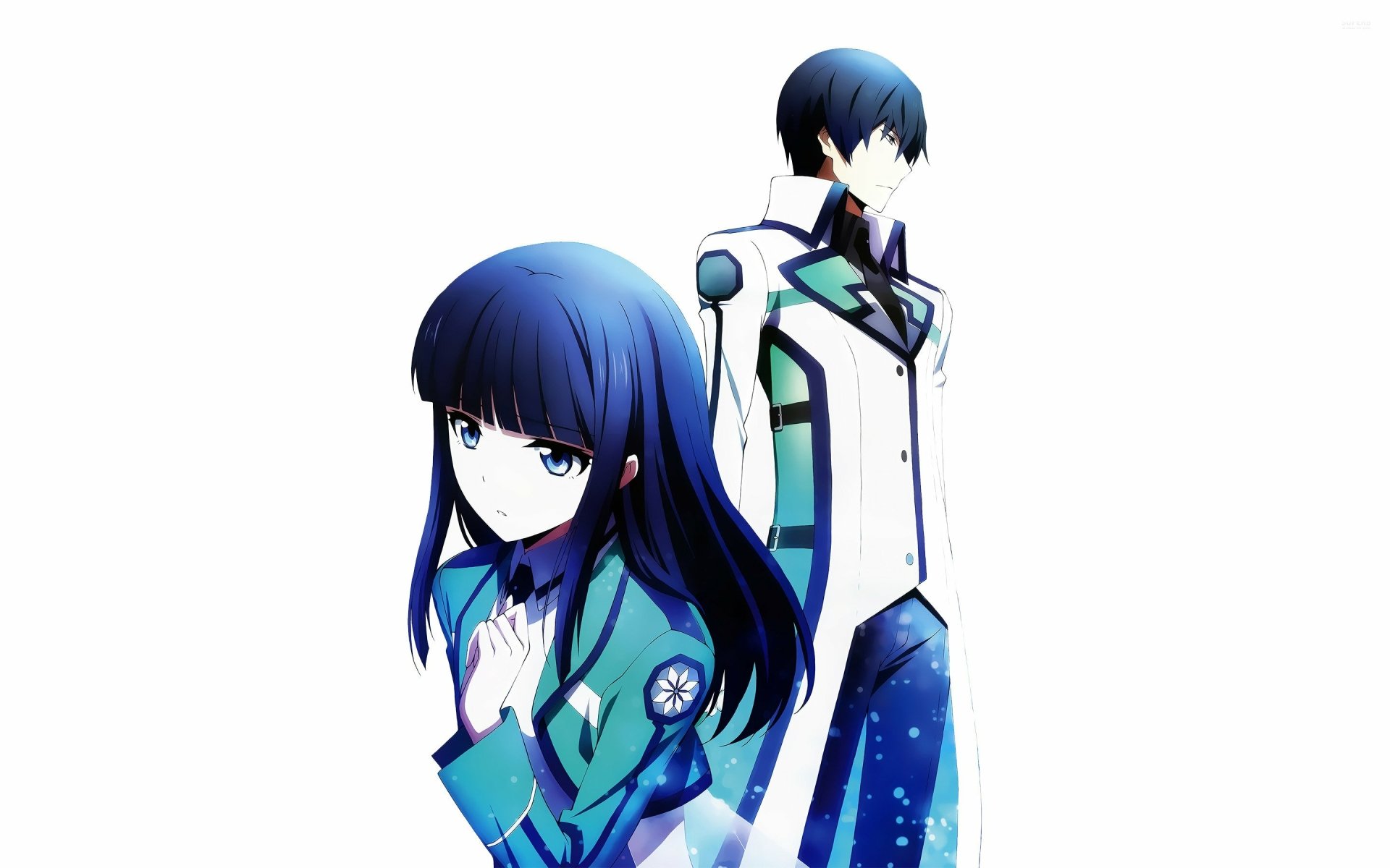 A high-definition wallpaper featuring Tatsuya Shiba and Shiba Miyuki from the anime The Irregular at Magic High School, with a striking blue and white design.