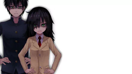 Anime-inspired HD wallpaper featuring characters from Watamote, showcasing an expressive girl in a school uniform alongside a brooding figure, set against a clean, minimalist background.