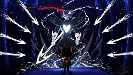 HD wallpaper of Frisk facing Undyne the Undying in Undertale, featuring Chara and Undyne in an intense, dramatic scene from the video game.