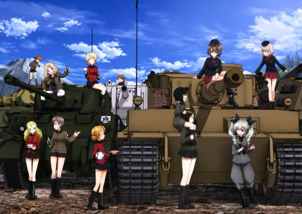 4K Ultra HD Anime wallpaper featuring Girls und Panzer characters posing on and around two detailed tanks under a bright blue sky.