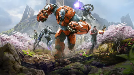 A dynamic scene from the video game Paragon featuring Steel, a towering hero in orange armor leading a team of diverse characters through a vibrant, lush landscape.