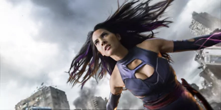 Psylocke from Marvel Comics in a dynamic pose, showcasing her superhuman abilities amidst a dramatic background from the movie X-Men: Apocalypse. High-definition desktop wallpaper.