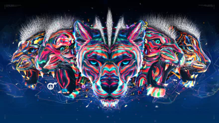 Vibrant fantasy HD PC desktop wallpaper featuring a multicolored tiger head with a glowing, abstract design blending intense colors and dynamic shapes.
