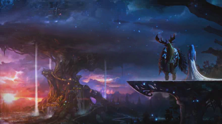 Malfurion Stormrage stands on a cliff, overlooking a mystical landscape at twilight, featuring a colossal tree and vibrant hues, capturing the fantasy of World of Warcraft in this HD wallpaper.